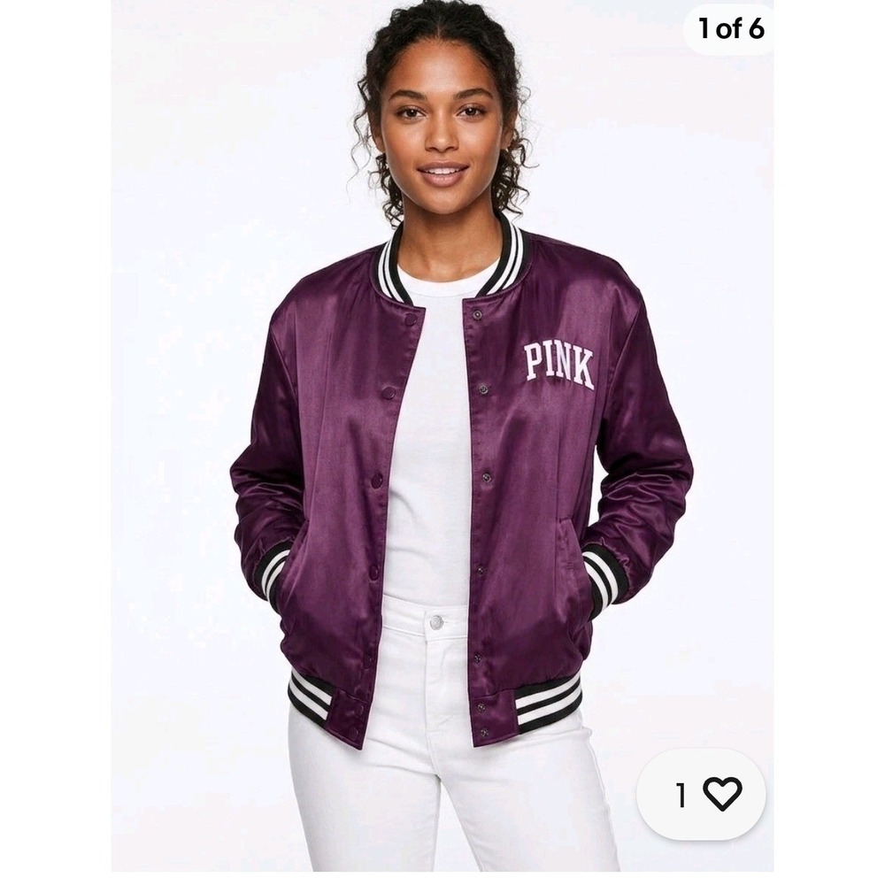 Victoria's Secret PINK Bomber Jacket Small Black Orchid Satin Varsity Letterman
